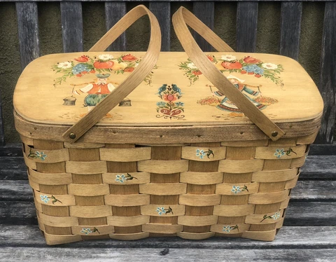 Vintage Picnic Basketville Dutch Hand Painted Vermont Handled Woven Hinged Lid Cover