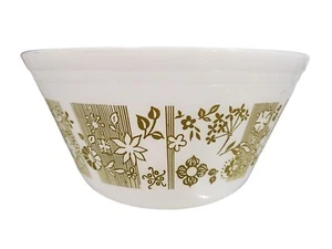 Vintage Federal Glass Bowl, Olive Green Flowers Stripes USA, Milk Glass - Picture 1 of 12