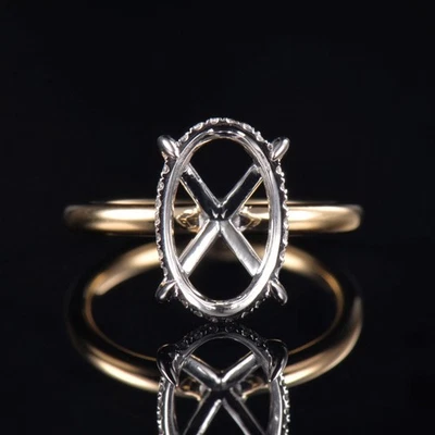 Lab Diamond Women Solitaire Stud Ring Semi Mount Oval 13×8mm 10K Multicolor Gold - Image 1 of 4