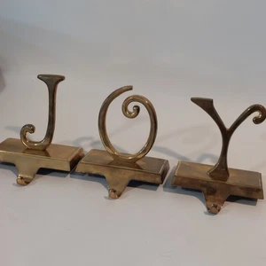 Pottery Barn JOY Christmas Stocking Holders Hangers Brass Finish J O Y Set of 3 - Picture 1 of 8