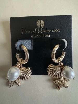 HOUSE OF HARLOW 1960 Hoop Dangle Charm Earrings Glass Pearl Starfish Shell NWT - Image 1 of 3
