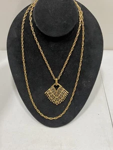 Vintage Crown Trifari Gold Tone Double Strand FAN Pendant Necklace - Picture 1 of 8