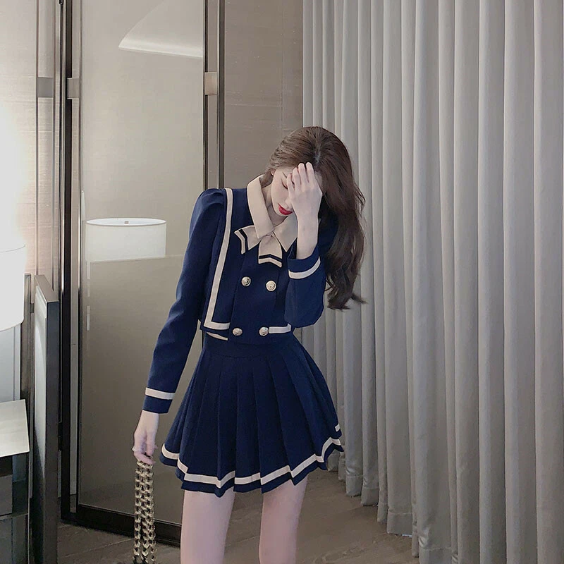 Traje de uniforme escolar japonés para mujer JK niña abrigo + falda plisada 2 piezas disfraz lo último Foto 1 de 4