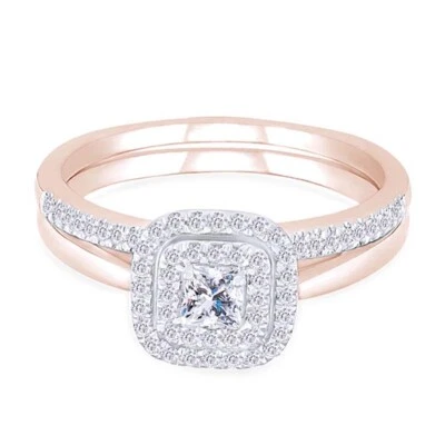 Juego de novia de doble cojín de diamantes talla princesa certificado 3/8 quilates oro rosa de 10 quilates Foto 1 de 4