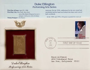 22K Gold 1986 Duke Ellington Musician Band Leader Stamp Replica 1st DayCov w/Add - Picture 1 of 1
