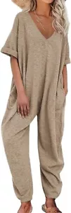 Nirovien Women's Solid Color V Neck Jumpsuits Half Sleeve Long Rompers Beam Foot - Picture 1 of 3