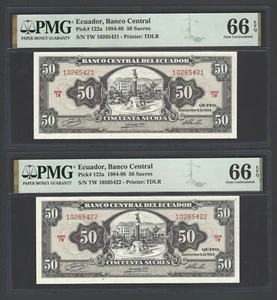 Ecuador 2 Consecutive 10 Sucres 5-9-1984 P122a Uncirculated Grade 66 - Picture 1 of 2