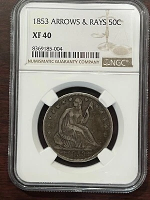 1853 Seated Liberty Half Dollar 50C NGC XF40 - Arrows and Rays - Image 1 of 4