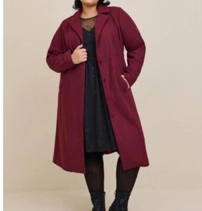 Torrid Plus Size 2 2X Belted Wool Blend Long Trench Coat Wine Burgundy Warm New - Picture 1 of 14