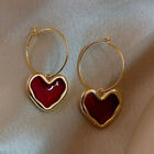 Love Sweet Burgundy Enamel Heart Earrings for Women Girl Gold Color Metal Love