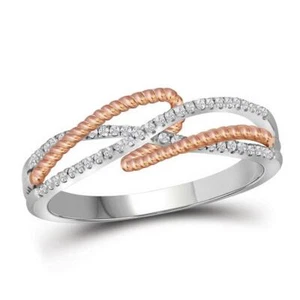 10K White Gold Real Diamond Women's Criss Cross Intertwine Rope Band Ring 1/6 CT - Picture 1 of 2