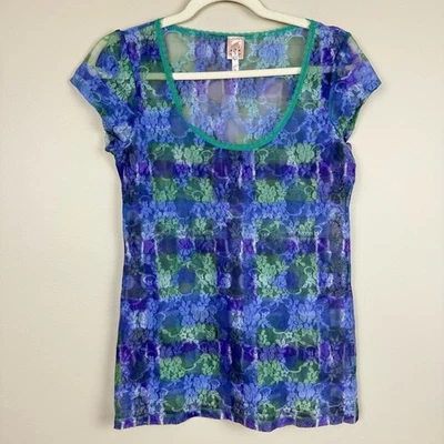 Camisa Top Fairy Caprichosa Rue 21 Mujeres XL Tie Dye Encaje Transparente Verde Azul Encaje Y2K Foto 1 de 4