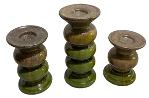 Candle Piller Pedestals 3 tiers Ceramic Table Accent Green Glossy Home Decor - Picture 1 of 5