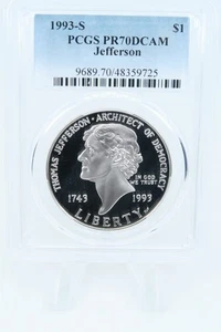 1993-S PCGS PR70DCAM Jefferson Silver Modern Commemorative Dollar Proof - Picture 1 of 2