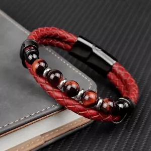 Herrenarmband rot Natur Rund Chakra Perlen Stein Klassisch Rot Echtleder - Bild 1 von 10