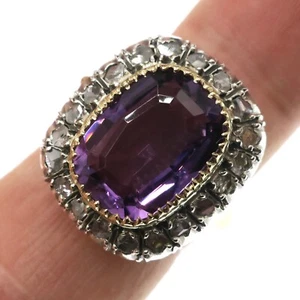Vintage 18k Solid Yellow Gold Natural Amethyst and Rose Cut Diamond Ring Sz 8.75 - Picture 1 of 8