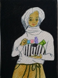 ACEO Original - Old Woman Model Makeups Watercolor 2.5 x 3.5 Signed by MY - Picture 1 of 2