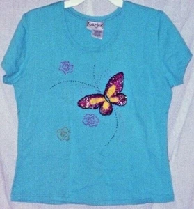 Womens t-shirt Aqua Blue butterfly Sequin- XL - Picture 1 of 1