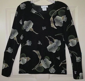 Vintage '90's P.S.E. Long Sleeve Knit Top -black - tan/green florals-Size M - Picture 1 of 5