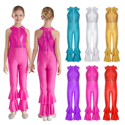 Kids Girls Sequins Full Body Jumpsuit Tank Unitard Zipper Hippie Disco Bodysuit - Image 1 of 4