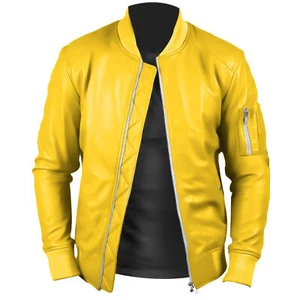 Men's Yellow Leather Bomber Jacket Pure Soft Lambskin Stylish Wear Coat Jacket - Picture 1 of 8
