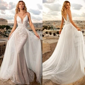 Luxury Mermaid Wedding Dresses Spaghetti Straps Detachable Train Bridal Gowns - Picture 1 of 7
