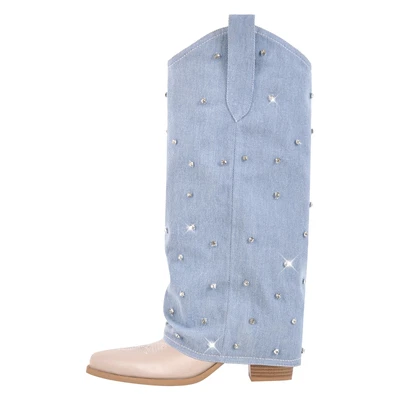 Botas femininas de strass biqueira pontiaguda salto robusto dobrável sobre o joelho alto US9.5 - Imagem 1 de 4