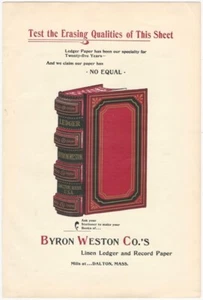 Antikes Ledger Buch Papier Chrom Adv. Blatt Weston Co. Dalton Massachusetts - Bild 1 von 2