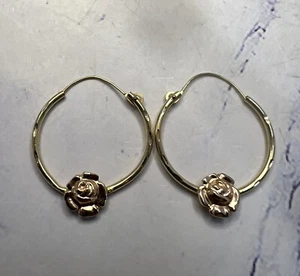 14k Yellow & Rose Gold Hoop Earrings with Roses - Picture 1 of 5