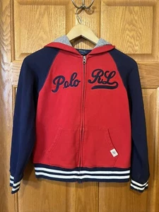 CF40 Polo Ralph Lauren Blue Red Raglan Sleeve Full Zip Hoodie Boys Medium 10-12 - Picture 1 of 5