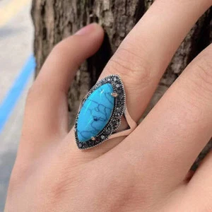 langer Boho Ring mit Stein-Fingerschmuck Silber Farben-großer Ring im Retro Stil - Picture 1 of 14