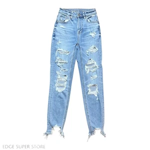 American Eagle Womens Light Blue Wash Distressed Ripped Denim Jeans Size 000 - Picture 1 of 4