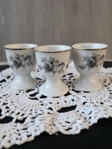 Set of 3 Vintage Porcelain Egg Cups Black Rose Purple Flowers Gold Trim Japan - Picture 1 of 9