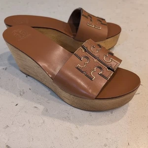 Tory Burch Ines 80MM Wedge Platform Slide Sandals Cognac Brown Tan Leather Sz 8 - Picture 1 of 11