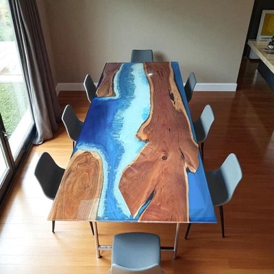 Blue Ocean Epoxy Dining Table Live Edge Wooden Handmade Custom Centerpiece Decor - Image 1 of 4