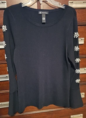 I.N.C 毛衣女式 L 黑色弹力 L/S 喇叭袖口水钻花朵 — 第 1/4 张图片