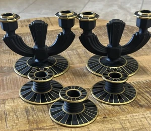 Vintage Art Deco Revival Schwarz & Gold Kerzenständer Set - 5 Stück (80er Jahre Stil) - Bild 1 von 11