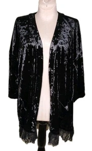 LOGO Lori Goldstein Black Crushed Velour Open Front Lace Hem Duster - Size XXS - Picture 1 of 3