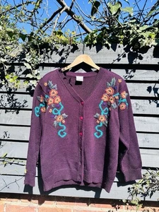 Cárdigan Eastex Años 90 Vintage Borgoña Bordado Cottagecore Mezcla Lana Talla 14 - Imagen 1 de 14