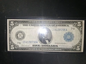 1914 $5 Dollar Bill Federal Reserve Note, Chicago, Large Size Currency - Picture 1 of 6
