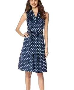 NUEVO VESTIDO ANNE KLEIN ALGODÓN AZUL MARINO BLANCO LUNARES TALLA 6 - Imagen 1 de 6