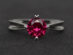 925 Sterling Silver Pink Ruby Ring Round Lab Created Gemstone Women Dainty Ring - Picture 1 of 4