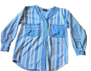 Manisha Damen Hemd gestreift weiß und blau Denim 100% Baumwolle Knopfleiste Retro - Bild 1 von 19