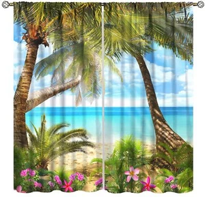 Cartoon Beachfront Curtains, Natural Beach Ocean Palm Tree Landscape, Blackou... - Picture 1 of 8