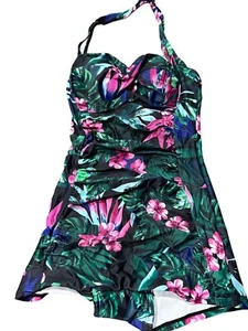 Tropical Floral Halter One-Piece Swimdress With Built-In Cups XL NWOT - Picture 1 of 6