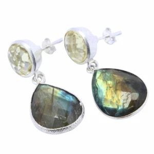 Solid 925 Sterling Silver Labradorite Gemstone Studs Earrings Jewelry - Picture 1 of 6