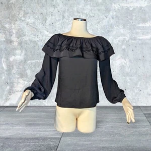 WHITE HOUSE BLACK MARKET $104 Long Sleeve Black RUFFLE Top Shirt Sz XXS Women's - Picture 1 of 11