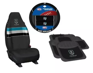 SET OF 3 PORT ADELAIDE POWER AFL CAR SEAT COVERS STEERING WHEEL COVER FLOOR MATS - Picture 1 of 4
