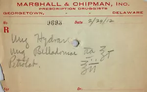 Georgetown Delaware Antique Pharmacy Prescription Marshall Chipman Druggist 1912 - Picture 1 of 3