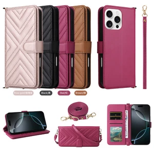 PU Leather Magnetic Folio Wallet Case+Shoulder Strap for iPhone 16 Pro Max 15 14 - Picture 1 of 15